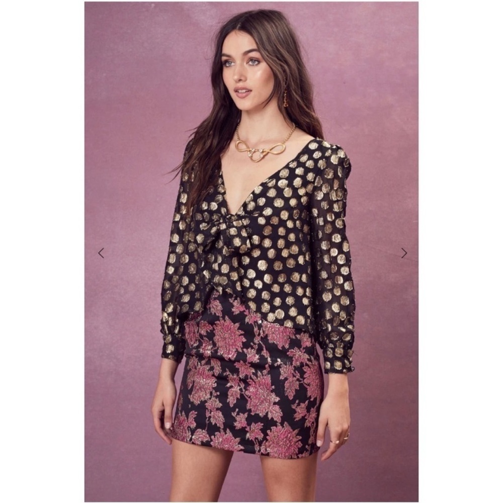 For Love & Lemons Lottie Metallic Gold Polka Dot Tie Front Long Sleeve Blouse XS